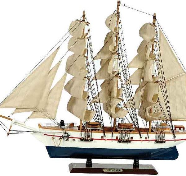 Ξύλινο Παραδοσιακό Καράβι 50 x 10 x 45 (H) cm, Χρώμα Λευκό - Μπλέ